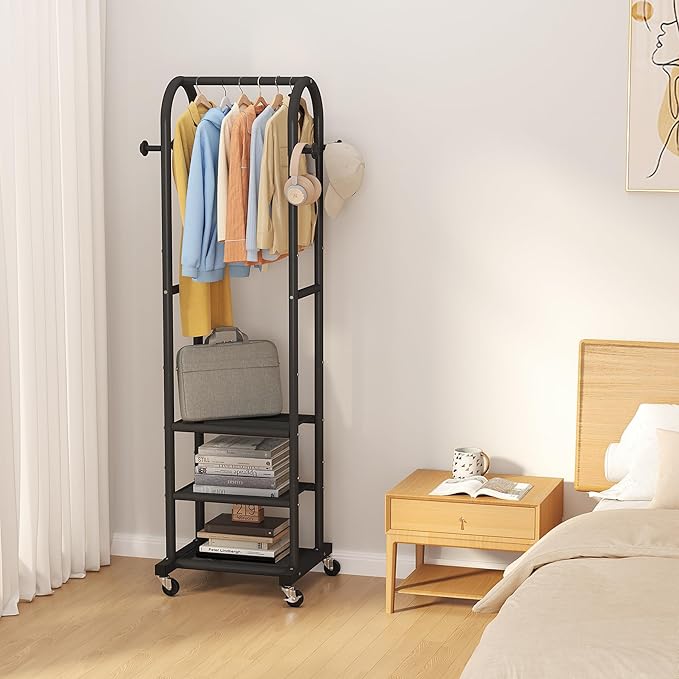 Dttwacoyh Narrow Hall Tree for Small Space, Small Coat Rack with Shoe Shelves, Tall Free Standing Metal Garment Rack on Wheels and Hanging Hooks for Entryway, Mud Room, Laundry Room – Black