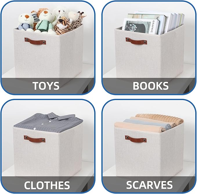 Temary Fabric Storage Cubes Storage Bins with Dual Leather Handles, 4 Pack Cube Baskets 13x13 Foldable Cube Organizers for Shelves, Home, Office, Nursery