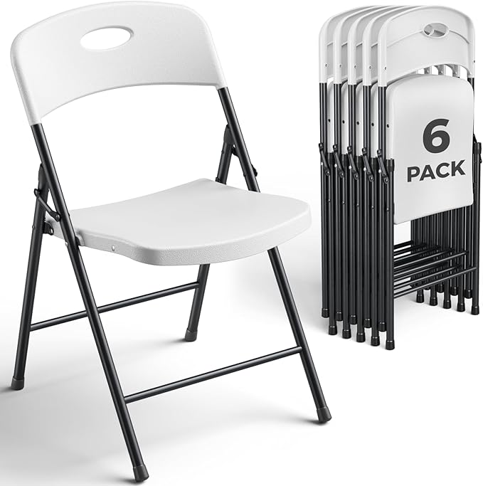 6 Pack White Folding Chair, Plastic Portable Stackable Commercial Seats with Steel Frame 350lb, Heavy Duty Foldable Chair for Indoor and Outdoor, Patio, Office, Picnic, Kitchen, Events