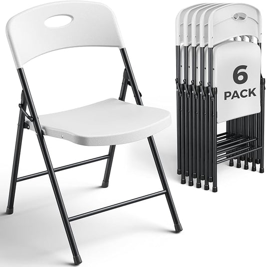 6 Pack White Folding Chair, Plastic Portable Stackable Commercial Seats with Steel Frame 350lb, Heavy Duty Foldable Chair for Indoor and Outdoor, Patio, Office, Picnic, Kitchen, Events