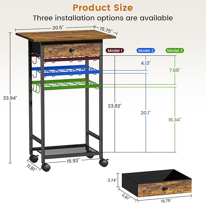 Microwave Cart, 4-Tier Microwave Stand with Adjustable Shelf, Kitchen Storage Cart on Wheels, Coffee Bar Cart Shelf for Living Room, Kitchen Island, Office, Balcony, Rustic Brown