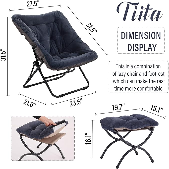 Tiita Folded Chair with Ottoman, Soft Faux Fur Oversized Folding Accent Chair,Lazy Chair, Metal Frame Moon Chair for Bedroom, Living Room, Dorm Rooms, Garden and Courtyard