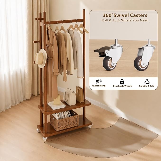 Taitiy Coat Rack Freestanding Clothing Rack with Wheels, Coat Tree Freestanding Heavy Duty with 2 Storage Shelves and 5 Hooks, Wood Garment Rack for Corner Bedroom Hallway Entryway Living Room Hotel