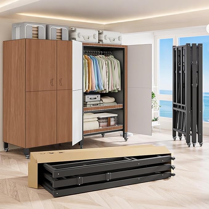 Heavy Duty Covered Clothes Rack with Magnetic Door Foldable Portable Wardrobe Closet for Hanging Clothing Rolling Black Metal Garment Rack on Wheels Closet System (Dragon Sandalwood, 49.12in)