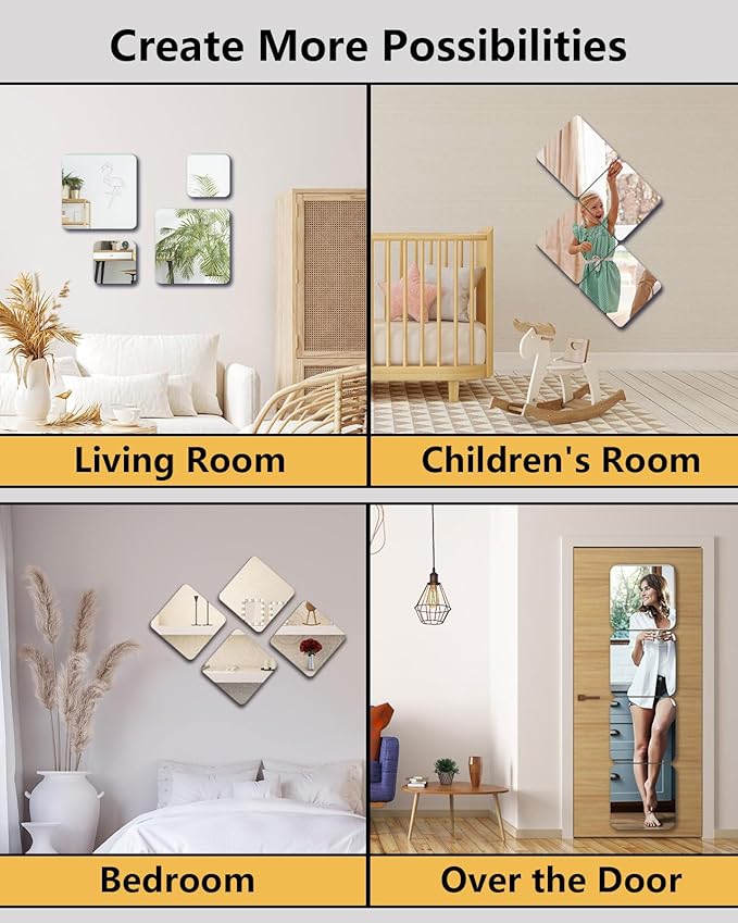 Unbreakable Mirror Tiles, 4PCS 14”x14” Peel And Stick on Mirror for Wall Mirrors Decorative, Toddlers for Kids Bedroom, Plastic Gym Frameless Door Small Adhesive Mirrors for Classroom Decor Stickers
