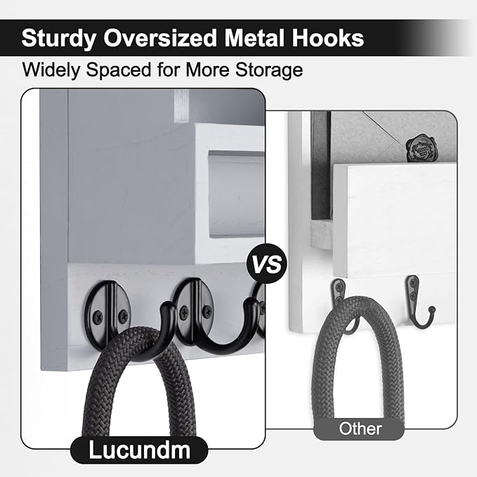 Key and Mail Holder Wall Mount, Key Hanger with Long Storage Box and Key Hooks for Coat, Dog Leash, Home Decor Rack, House Accessories, Entry Way Organizer