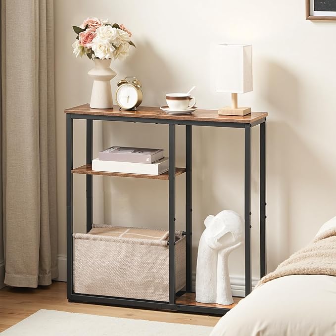 HOOBRO Narrow Console Table with Storage Basket, 29.5" Small Entryway Table with 3-Tier Storage Shelves, Behind Couch Sofa Table, Hallway Table for Living Room, Rustic Brown, Black and Beige BF60XG01