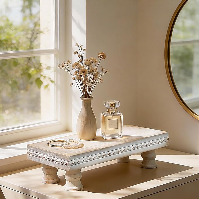 Wood Tray Pedestal Stand, Waterproof Bathroom Counter Organizer, Modern Farmhouse Riser for Soap/Candle/Sponge White Small