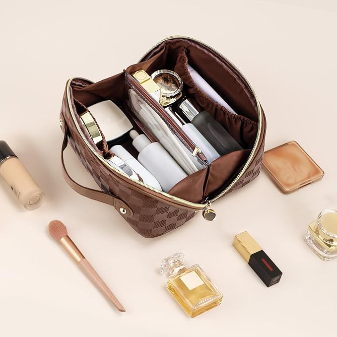 Prite Makeup Bag for Women Travel Waterproof Vegan Leather Cosmetic Bag Open Flat Toiletry Bag With Clear Divider and Handle (Plaid Brown, Medium)