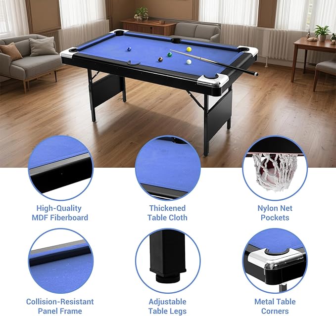7 Foot Pool Table for Family, Foldable No Assembly Pool Table with Balls, Cues, Chalk, Rack & Brush, Portable Billiards Game Table for Apartment, Basement, Office & Game Room
