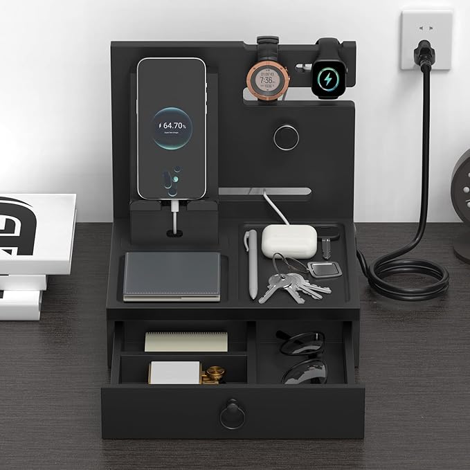 upcessory Nightstand Organizer, Wood Bedside Organizer Docking Station with USB Ports and Outlets, Gifts for Men, Nightstand Drawer Organizer for Cellphone, Watch, Sunglasses & Accessorie