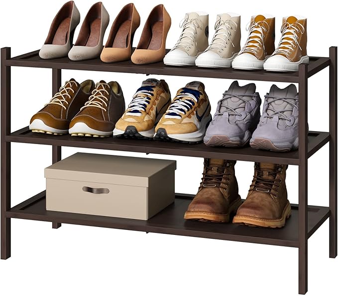 kiplant Bamboo Shoe Rack for Entryway, 3-Tier Stackable | Foldable | Natural, Shoe Organizer for Hallway Closet, Free Standing Shoe Racks for Indoor Outdoor