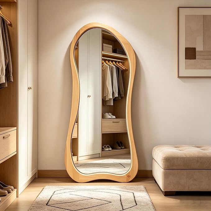 Large Irregular Mirror, 63"x30" Asymmetrical Aesthetic Mirrors with Solid Wood Frame, Organic Shape Floor Mirror for Living Room Entryway Hallway Bedroom Cloakroom, Leaning/Hanging