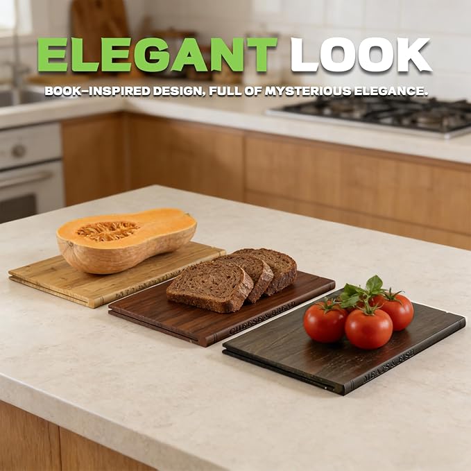 Premium Book Cutting Board Set – Crafted from 100% Black Walnut, Sapele, and Bamboo A Stylish Base With Cartoon Designs | Decorative and Functional Kitchen Essential（Walnut, Sapele, Bamboo）
