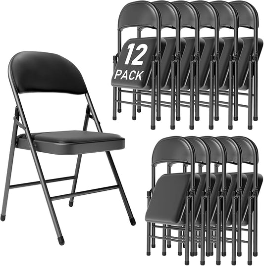 12 Pack Black Commercial Folding Chairs for Small Business & Office - Padded Cushion, Stackable Portable, Steel Frame 350lbs Capacity for Events/Wedding/Party