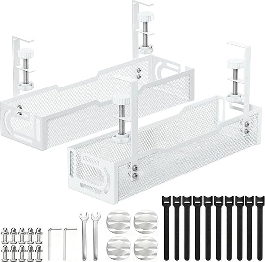2Pack Under Desk Cable Management Tray, No Drill Mesh Desk Cable Tray, Wire Management Tray Cable Management Rack, Wire Organizer and Cable Management Box (White)