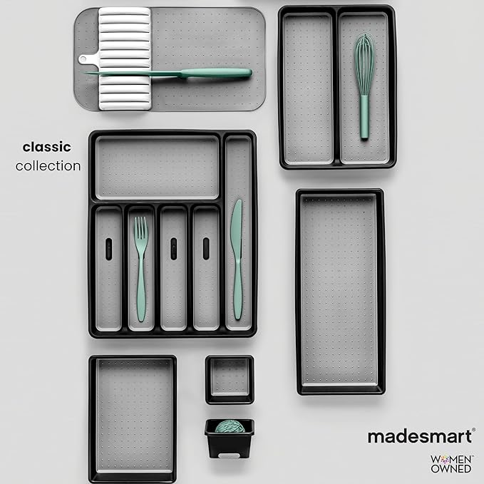 madesmart Long Storage Bin, Multipurpose Organizer for Kitchen, Bathroom & Office, Organizer for Cutlery, Peeling Tools, Spatulas, Non Slip, Soft Grip Lining, Durable, Granite