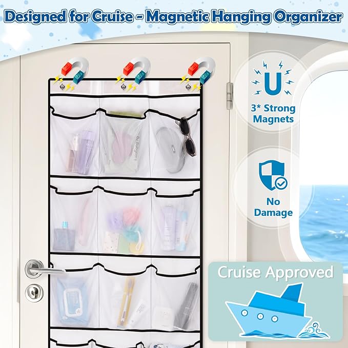 Over The Door Cruise Ship Organizer - Cruise Ship Magnetic Door Organizer with 15 Size-Graded Pockets, Hanging Magnetic Cruise Storage Shoe Rack for Cabin, 2026 Cruise Essential, 9 Hooks(White)