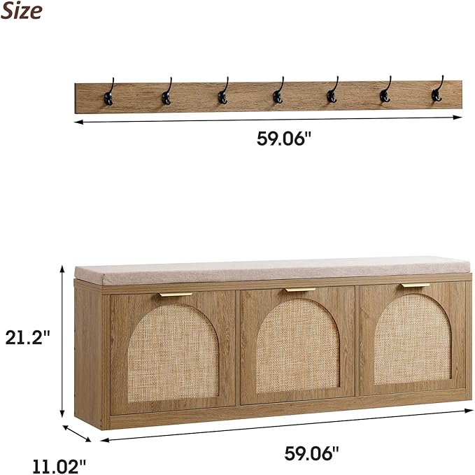 Rattan Narrow Entryway Bench with Shoe Storage, 3 Flip Drawers & Coat Rack, Mid-Century Modern Wood Shoe Cabinet with Seat Cushion for Foyer/Hallway (Rustic Oak Rattan)