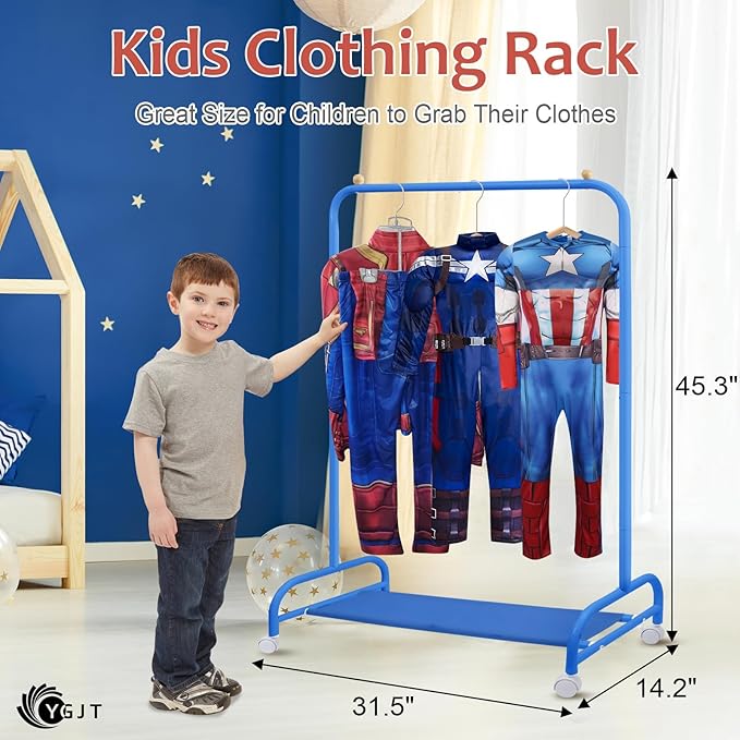 YGJT Kids Clothing Rack, Baby Clothes Rack for Hanging Clothes with Wheels and Bottom Storage Shelf, Small Toddler Garment Rack Kids Dress Up Storage Rack for Coats, Skirts, Dance Costume(Blue)