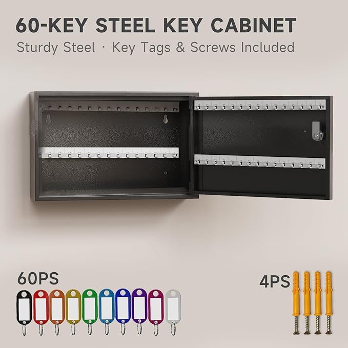 WeHere Key Lock Box for 60 Keys, Wall Mount Key Cabinet with Color Key Tags, Steel Key Storage Box with Lock, Key Holder Organizer for Home, Office, Apartment, Property Management