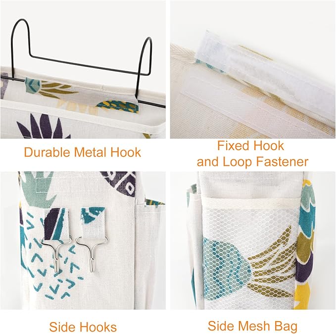 Surblue Bedside Caddy Bedside Storage Bag Hanging Organizer for Bunk, Hospital Beds, Dorm Rooms Bed Rails Camp 4 Pockets and 2 Hooks (Pineapple)