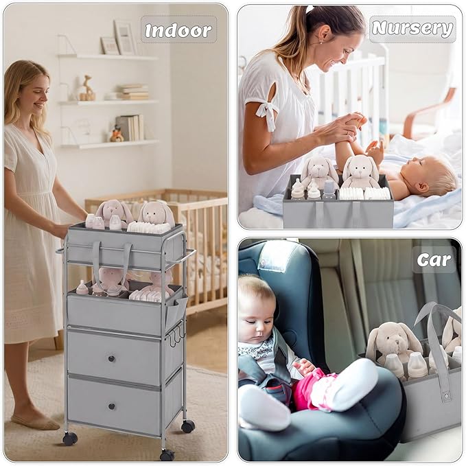 FoldTier 3In1 Baby Diaper Caddy Organizer Cart 4 Tier Large Capacity Metal Utility Bedside Rolling Cart with Divider Newborn Registry Nursery Essential Must Have Bedroom Gift Baby Shower(Gray)