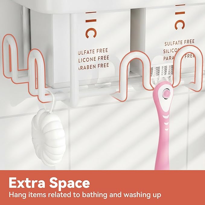 YASONIC Shower Caddy Adhesive 2-Pack, Rustproof Shower Organizer with Holder, No-Drill Shower Shelves for Inside the Shower, Large-Capacity Bathroom Organizers and Storage for Dorms & Renters, White