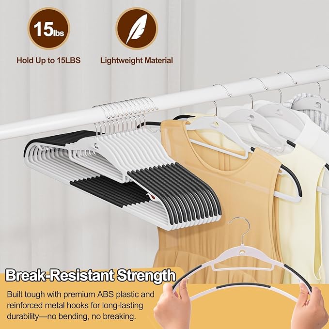 Plastic Hangers 50 Pack, Stackable Slim Space Saving Hangers with Non-Slip Pads, 360° Swivel Hook, Cascading Strip for Vertical Storage, Closet Organizer for Shirt, Suit, Skirt, Coat - Black