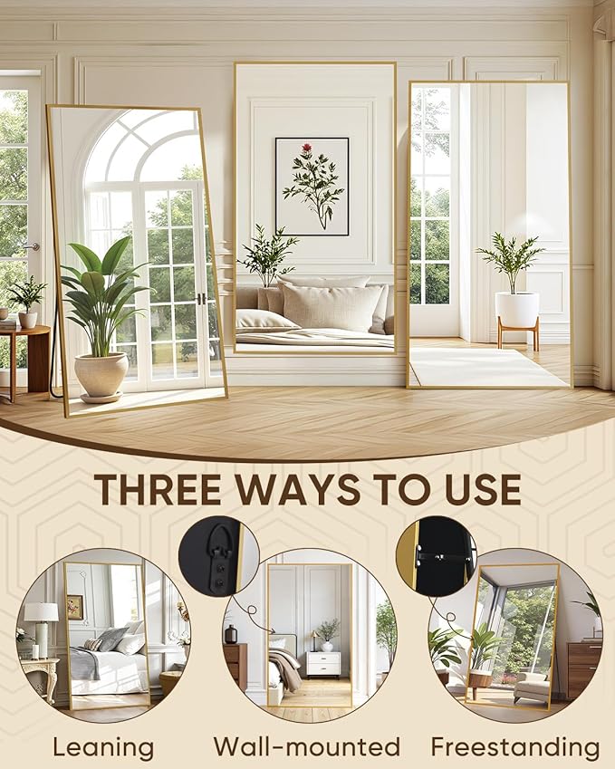 Antok Full Length Mirror, 82"x44" Floor Mirror, Floor Standing Freestanding Full Body Mirror with Stand for Bedroom, Hanging Mounted for Living Room Cloakroom, Gold