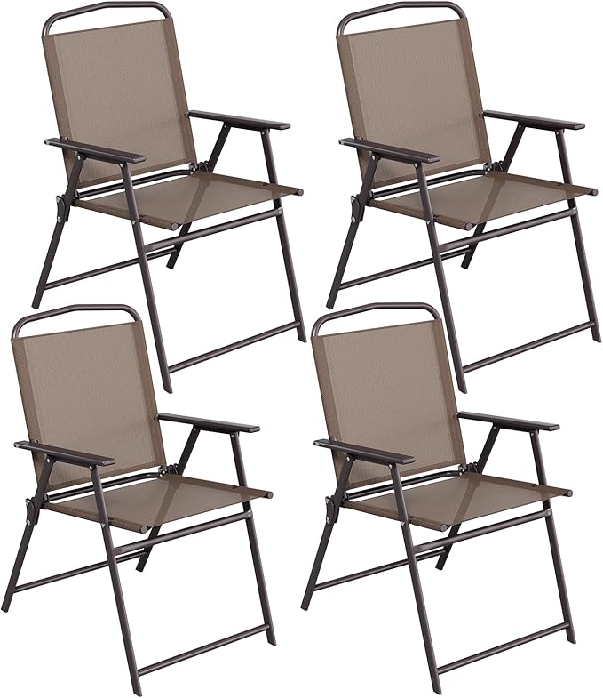 TLSUNNY Patio Folding Chairs Set of 4, Portable Dining Lawn Chairs, Outdoor Folded Furniture W/Breathable Textilene & Steel Frame, Armrests & Crossbar, All Weather for Pool, Camping (4, Brown)