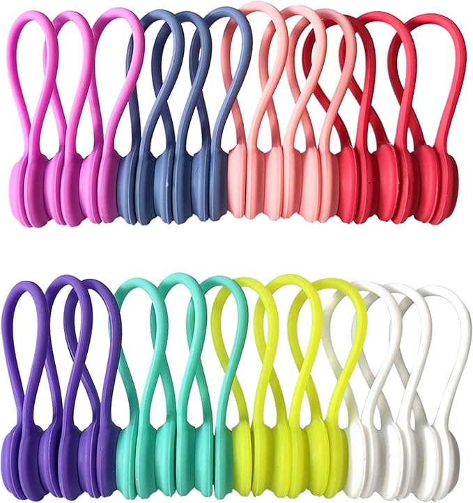 Reusable Magnetic Ties with Strong Magnet for Bundling and Organizing Cables,Headphone Cables,USB Charging Cords,Hanging & Holding Keychain,Silicone Cord Winder Magnetic Cable Clips 8 Colors - 24 Pack