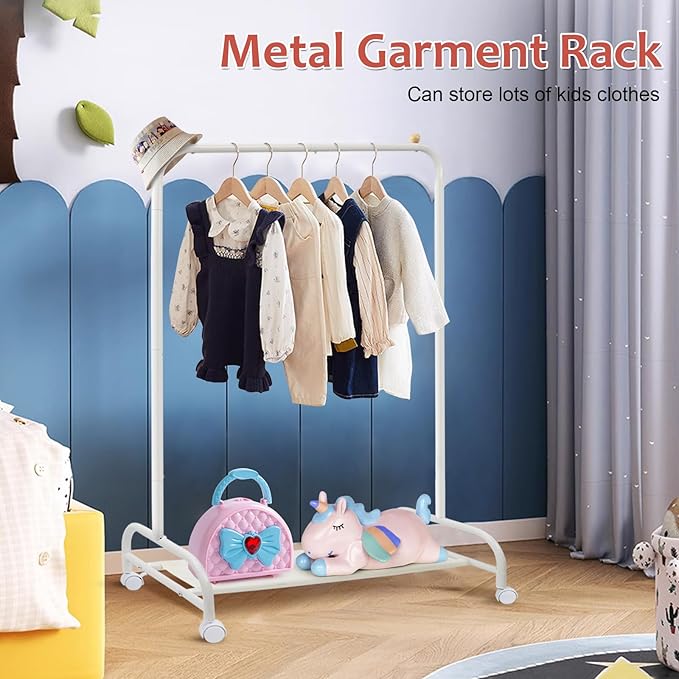 YGJT Kids Clothing Rack, Baby Clothes Racks for Hanging Clothes with Wheels and Bottom Storage Shelf, Small Toddler Garment Rack Kids Dress Up Storage Wardrobe for Coats, Skirts, Dance Costume(White)