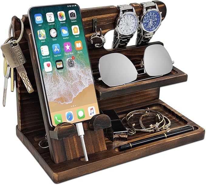 Gifts for Men Wood Phone Docking Station Birthday Gift for Men Valentines Day Gifts Father Gift for Him Boyfriend Nightstand Organizer Desktop Phone Stand (Update Brown)