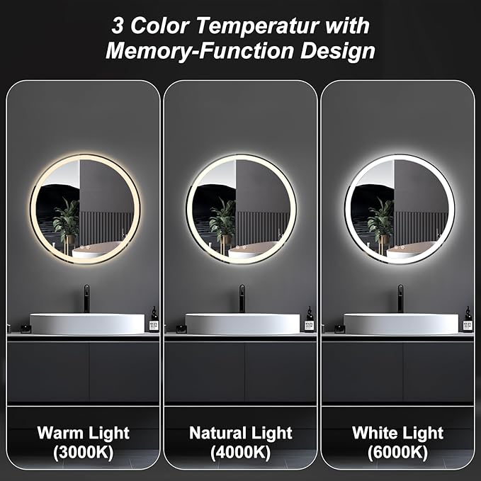 Sweetcrispy 30 Inch Round LED Bathroom Mirror with Lights, Circle Vanity Mirror with Anti-Fog, Dimmable, 3-Color Light, Memory Function, Tempered Glass