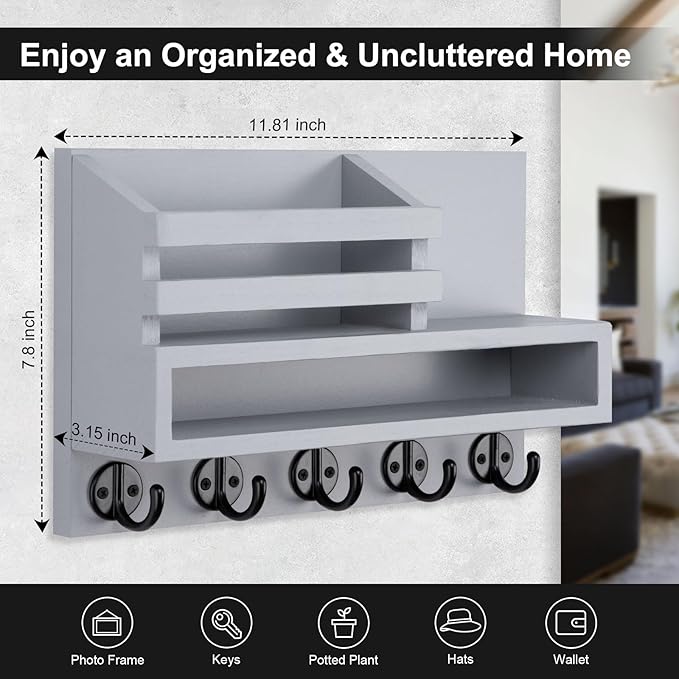 Key and Mail Holder Wall Mount, Key Hanger with Long Storage Box and Key Hooks for Coat, Dog Leash, Home Decor Rack, House Accessories, Entry Way Organizer