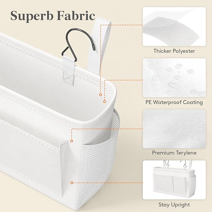 Lifewit Bedside Caddy Storage Organizer, Hanging Storage Bag with Fixed Straps, Book Remotes Holder for Home, College, Dorm, Bunk, Hospital, Crib Bed Rails, Large, White