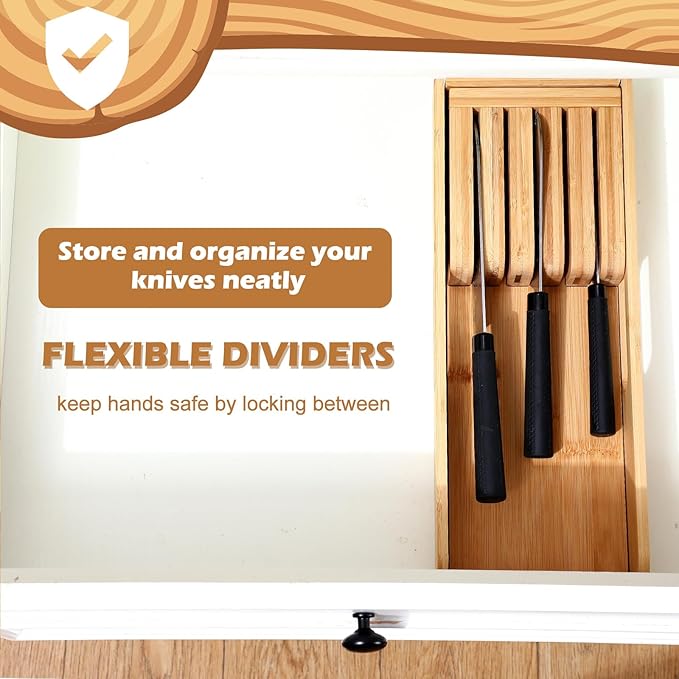 Baderke Bamboo Kitchen Drawer Organizer, Knife Drawer Organizer Drawer Dividers for Kitchen Utensils and Storage Knives Kitchen Steak Knives Holder Organizers Block Insert Dock for Drawer in Storage