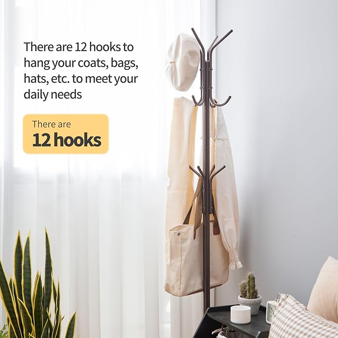 Coat Rack Freestanding,hat and coat rack stand for entryway,Living Room,Bedroom,Metal coat tree with12 Hooks and 3 Legs (Brown)