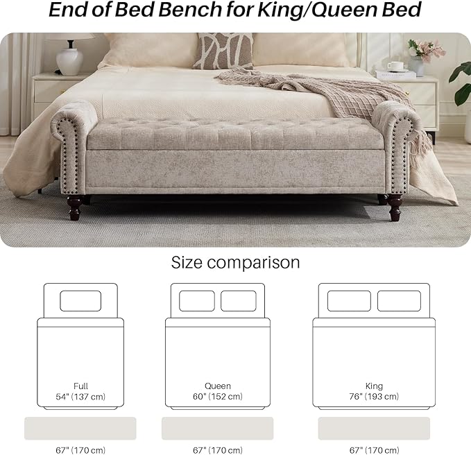 SOFTHION Storage Bench for Bedroom, 67" End of Bed Bench King Size, Upholstered Chenille Storage Ottoman with Tufted Cushioned Rolled Arm Large Storage Space for Living Room Entryway, Light Brown