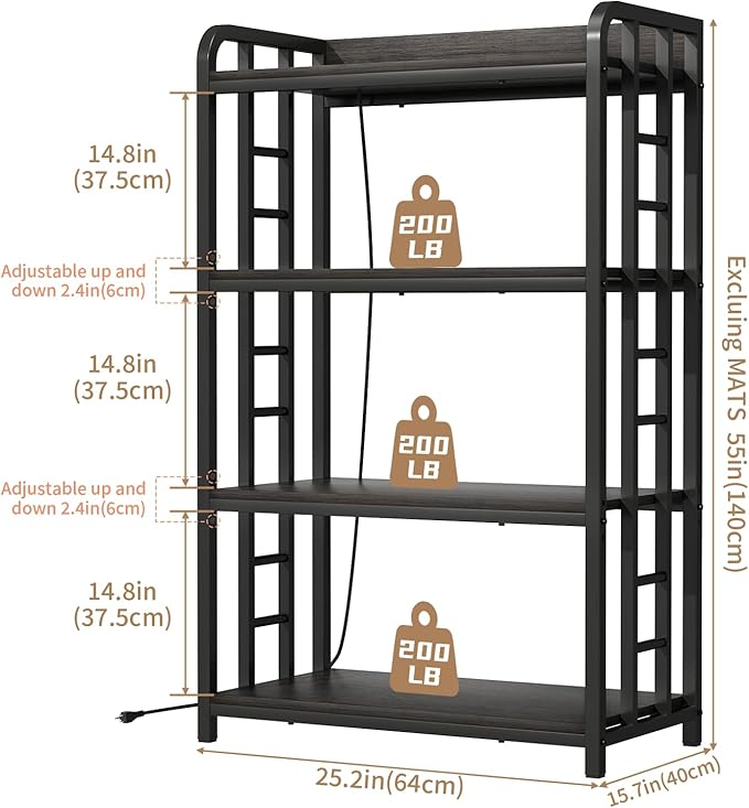 Adjustable Bakers Rack with Power Outlet, 4 Tier Microwave Oven Stand, Heavy Duty Kitchen Storage Rack for Garage Dining Room, Black