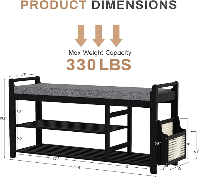 Homaxy 2-Tier Shoe Rack Bench with Side Holder, 39.4 in Bamboo Entryway Bench, Shoe Rack Organizer with Cushion for Front Entrance, Hallway Living Room Bedroom, Black and Dark Grey