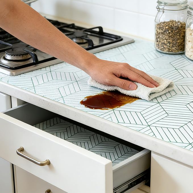 Green Geometric line Pattern Shelf Liners, Non-Adhesive and Anti-Slip Thickened Drawer Liners, Easy to Clean, Kitchen cabinets, toolboxes, refrigerators, Including Tools. 17×236.22 inches.