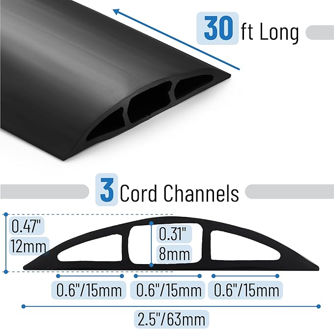 Bates- Floor Cord Cover, 30ft, Cable Cavity 0.6" (W) x 0.31" (H), Heavy Duty Wire Protector, PVC Extension Cords Hider, Protect Cords, Prevent Cable Trips, Cord Hider for Office, Home, Outdoor