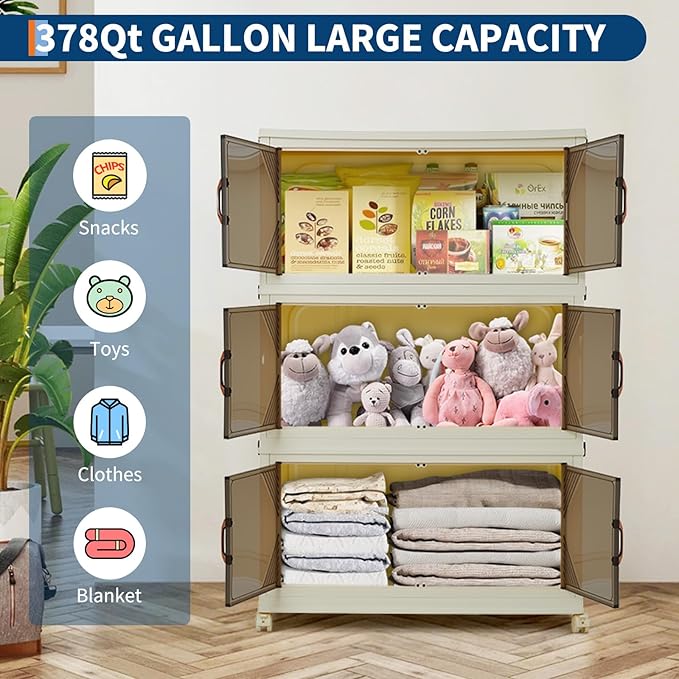 GarveeHome 378QT Stackable Storage Bins, Folding Storage Box with Magnetic Doors & Wheels, Loset Organizers and Storage with Lids, Collapsible Plastic Drawers for Bedroom Kitchen Office, White