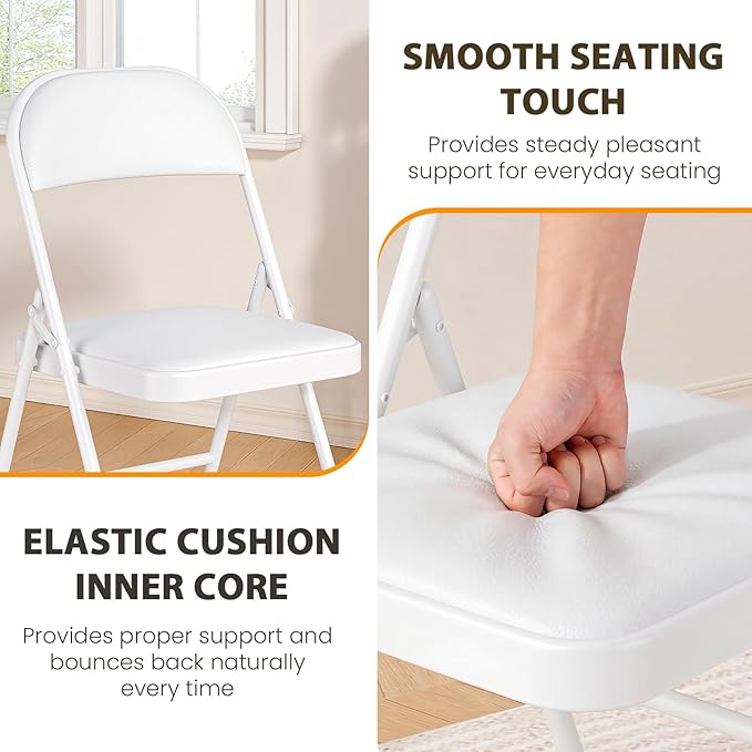 2 Pack Padded Folding Chairs, Portable Metal Foldable Chairs with Cushion, PU Leather Sturdy Indoor Outdoor Seating for Home, Office, Party, White
