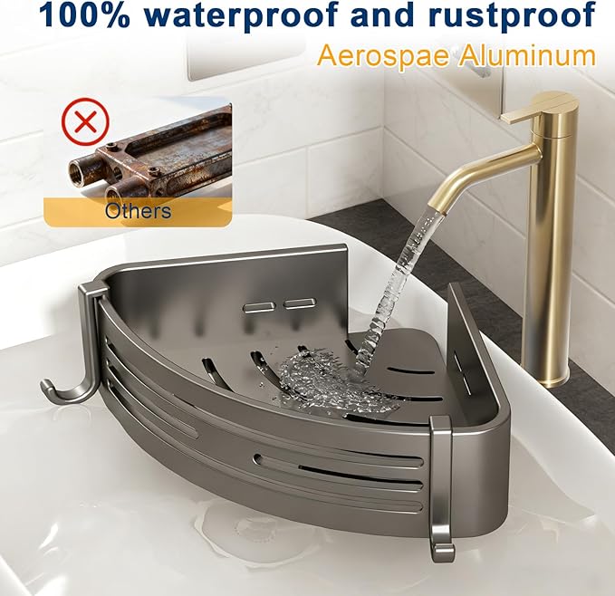 Corner Shower Caddy, No-Drilling Adhesive Shower Shelves with Hooks, Waterproof & Rustproof Removable Shower Organizer for Bathroom Kitchen