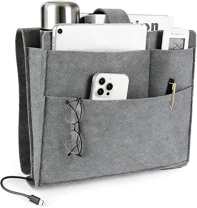 Felt Bedside Caddy, Large Bed Storage Organizer Hanging Bag Holder with Cord Slit,Magazine Book Phone and Remote Caddy for Bed Home Dorm Sofa,Bedside Pouch