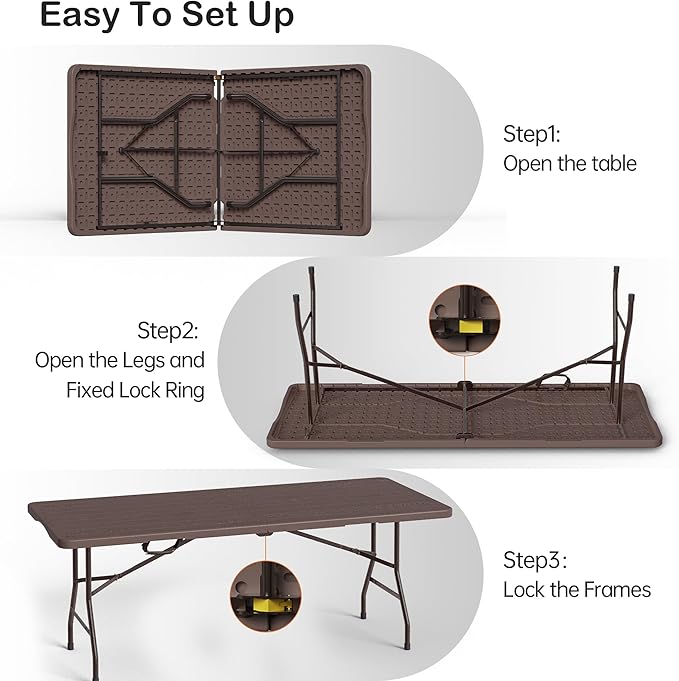 VSOAEIL Folding Table 6 Foot for Indoor Outdoor, Portable Heavy Duty Fold-in-Half Utility Plastic Foldable Dining Table with Carrying Handle for Picnic, Camping and Party, Brown