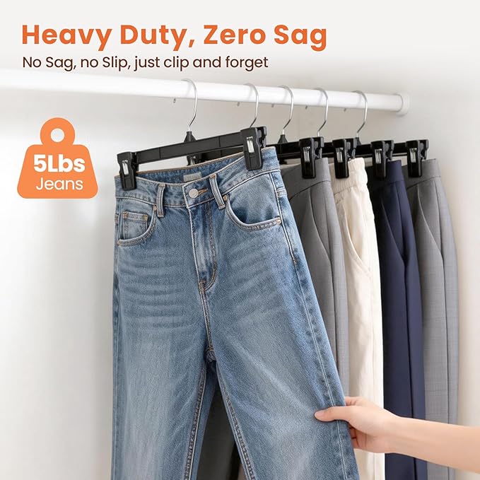 HOUSE DAY Black Pants Hangers 50 Pack, 12 Inch Skirt Hangers with Non-Slip Big Clips and 360° Swivel Hook, Heavy Duty Slim Plastic Pant Hanger, Space Saving Clip Hanger for Pants, Skirts, Shorts